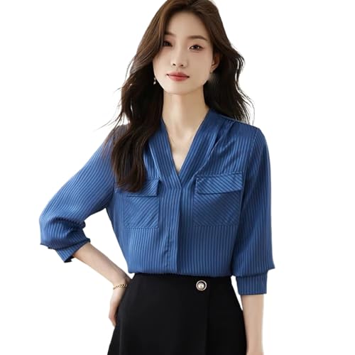 Chemise femme col en V style vintage coréen à rayures verticales