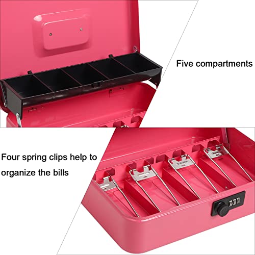 Parrency Cash Box with Combination Lock,Metal Cash Box with Money Tray，Lock Box Safe Storage Security Locker with Security Cable,Pink - Thumbnail 4