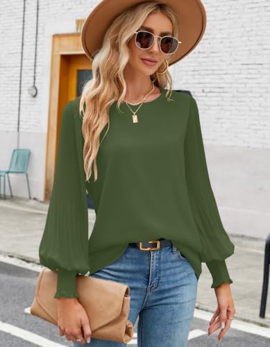 Image of Aifer Womens Tops Dressy Casual Long Sleeve Shirts Chiffon Blouses | Sheer Pleated Lantern Sleeves, Crew Neck, Back Keyhole, Versatile, Ideal for Office Workwear, Daily Outfits, Party Looks