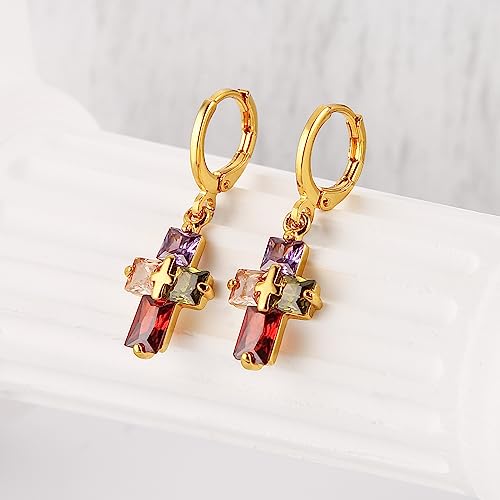 HZMAN Cross Earring for Women 14K Gold Plated Hypoallergenic Dangle Hoop Earrings Dainty Crystal Cubic Zirconia Earrings3
