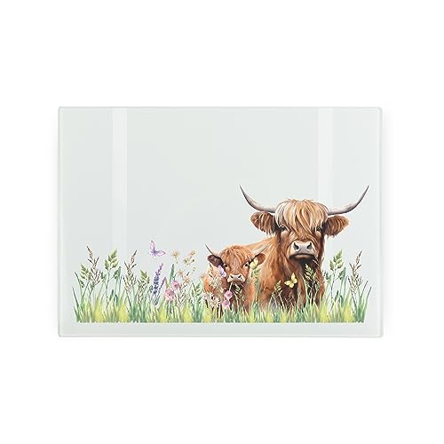 Highland Cows Small Glass Worktop Saver - Tempered Glass Chopping Board - Kitchen Heat Resistant Cutting Board Worktop Protector with Non-Slip Feet 28.5cm x 20cm (11 x 8)