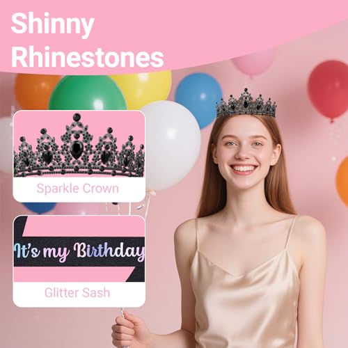 Birthday Tiara and Crown with Sash, Birthday Tiara for Women Party (Black)