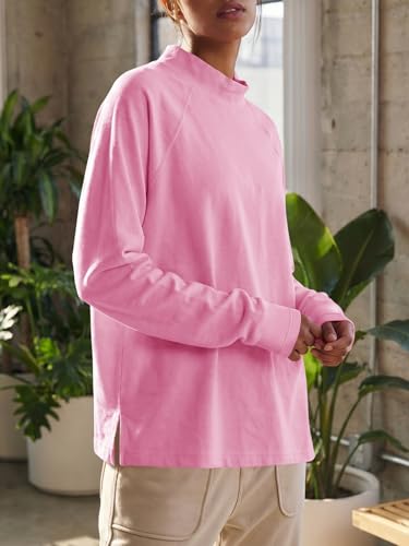Fisoew Womens Mock Neck Long Sleeve Shirt Base Layer Tunics Loose Fit Workout Athletic Tops with Side Split Pink — view 2
