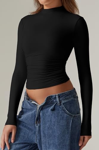 QINSEN Womens Mock Neck Long Sleeve Shirt Double Lined Basic Tees Side Ruched Going Out Crop Tops2