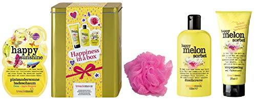 Treaclemoon Geschenkset Happiness in a box mit hochwertiger Blechbox - Happy Melon Sorbet Körperpeeling, Duschcreme, Massageschwamm und happy sunshine Badeschaum