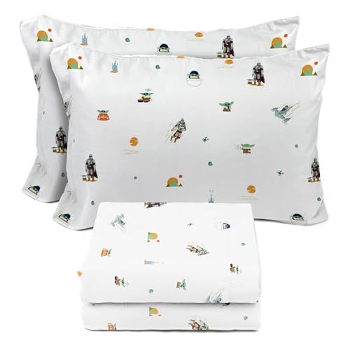 Image of Sunny Side Up Kids Sheet Set with Fitted, Flat Sheets & Pillow Cover - Ultra-Soft Bedding with Pillowcase for Room Decor, White - The Mandalorian, 4 Piece Full