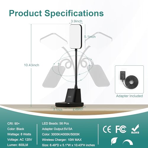 LED Desk Lamp with Wireless Charger and Pen Holder for Home Office or College Dorm Room