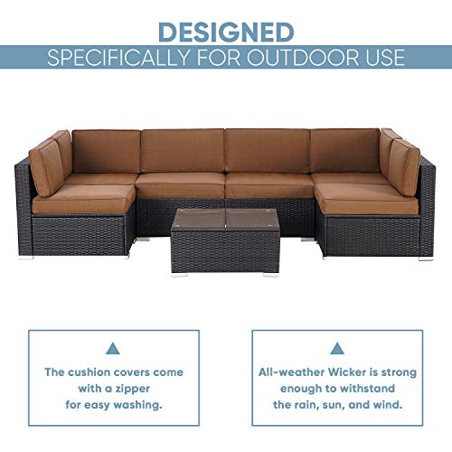 Cemeon 7 Pieces Outdoor Sectional Sofa Set Black Brown Wicker Patio Furniture, Outdoor Conversation Set With Cushions And Tempered Glass Table (Dark Brown Cushions) #TOP5