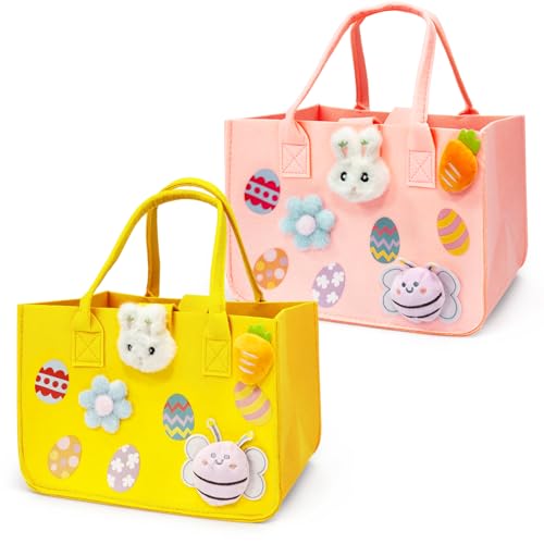 Sac chasse aux oeufs de Paques en feutre lapin motif cabas enfant lot 2