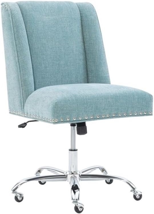 BOWERY HILL Transitional Fabric Armless Office Chair, Aqua Blue Upholstery with Chrome Base, Adjustable Height Gas Lift, Metal Casters, Silver Nail Head Trim, Stylish Home Office Seating, 275 lb