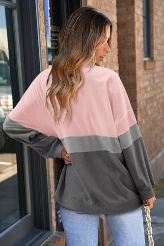 KISSMODA Womens Casual Long Sleeve Sweatshirts Color Block/Solid Tops Corduroy Crewneck Tunic Pullover with Pockets