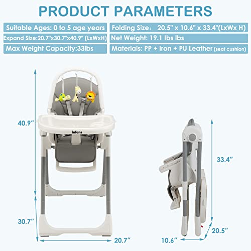 Image of INFANS High Chair for Babies and Toddlers, Foldable Highchair with 7 Different Heights 4 Reclining Backrest Seat 3 Setting Footrest, Removable Tray Built-in Rear Wheels with Locks (Grey)