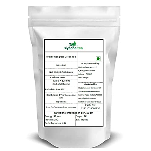 Image of Siyacha Tea Tulsi Lemon Green Tea, 500 Grams, Whole Leaf Loose Leaves Detox Blend, Immunity Boosting Chai Patti, Antioxidant Rich Healthy Beverage, Makes 250 Cups (approx)