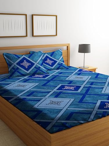 Image of DECORUM 280 TC Fitted Double Size, Elastic Bedsheet, 72x78 + 10 Inches Drop,with 2 Pillow Covers (Blue Zigzag)