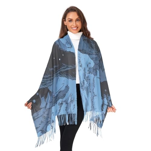Anime Wolf Pashmina Scarf for Women Soft Cashmere Feel with Tassel Shawl Wraps 86×30 IN2