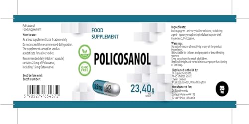 Policosanol 25mg 90 Vegane Kapseln, Laborgeprüft, Nicht GVO, keine Füllstoffe oder Zusatzstoff