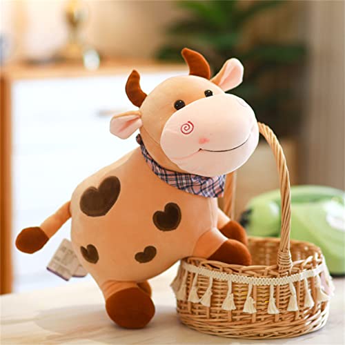 TROYSINC Plüschtier Kühe mit Schal, Weiche Kuscheltier ca. 28 cm groß, Süßer Cartoon Kissen, Kreative Geschenke für Erwachsene und Kinder (Braun)