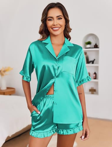 Image of Ekouaer Satin Pajama Set for Women Button Down Silk 2 Piece Pj Sets Ruffle Short Sleeve Sleepwear,Turquoise,S