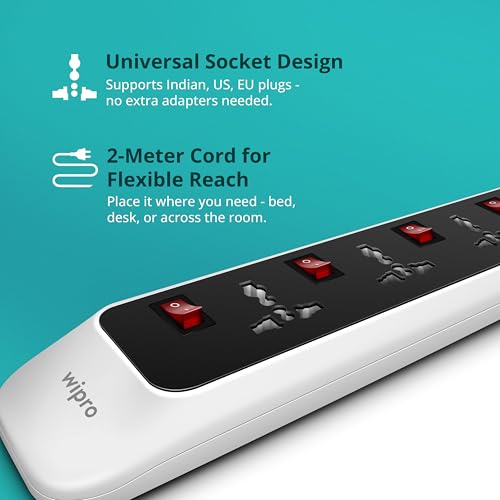 Image of Wipro North West 4+4 Extension Board | 4 Sockets with Individual Switches | Spike Guard with Auto Cutoff | 2 Meter Long Cord | Child Safety Shutters | Fire Resistant Power Strip for Home & Office