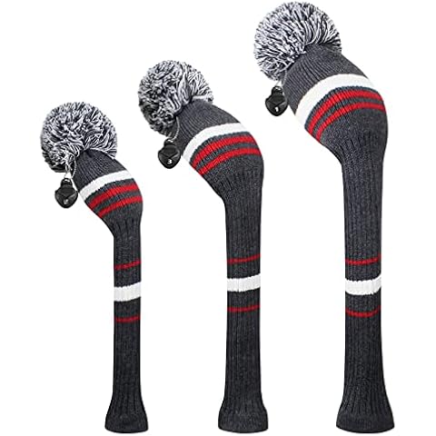 Scott Edward Golf Head Covers Grey White Red Stripes Style 3PCS/Pack for Driver(460cc), Fairway Wood&Hybrid, Rotating Number Tags Cover