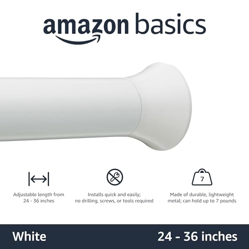 Image of Amazon Basics No Drill Spring Tension Curtain Rod, Adjustable 24-36 inch Width, White, Classic Finial