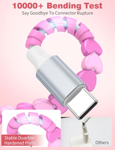 Image of USB C to USB C Cable 6FT,60W Fast Charging Beaded Charger Cord for iPhone 17 16 Pro Max 15 /iPad Pro 11th Air for Samsung S26 S25 S24 S23 A16 A17 /Android Phone Charger Cord Cute Girls Women,Pink-Hearts