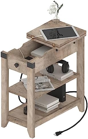 Narrow End Table with Charging Station, Flip Top Side Table with USB Ports and Outlets, Farmhouse Nightstand with Storage for Small Spaces, Bedside Table for Living Room, Bedroom, Gray