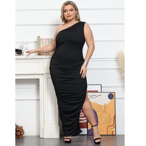 Womens Sexy Plus Size One Off Shoulder Sleeveless Bodycon Ruched Evening Pencil Party Maxi Dresss4