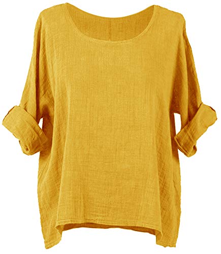 Zaif & Hari Ladies Italian Plain New Batwing Cotton Linen Lightweight Casual Short Tunic Blouse TOP (One Size 8-18, Mustard)