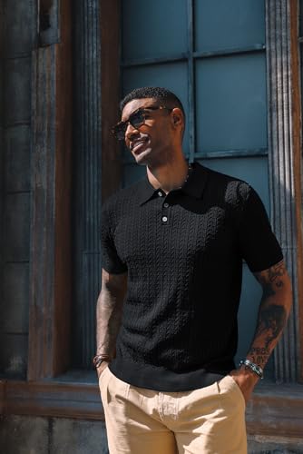 PJ PAUL JONES Mens Knit Polo Shirt Short Sleeve Hollow Out Knit Shirt Texture Knitted Polo3