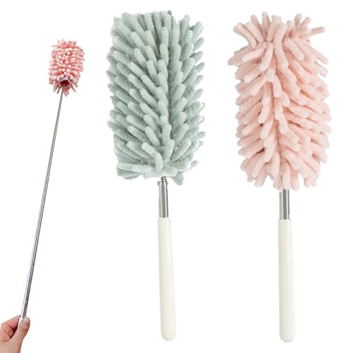 2 Pack Chenille Microfiber Extendable Feather Dusters Hand Dusters Washable Anti-Static Dusting Brush with Telescoping Pole for Cleaning Car,Computer,Office, Window,Furniture,Cabinet(Pink,Green)
