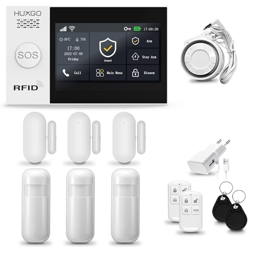HUXGO® HXA007 Alarmanlage fürs Haus WiFi + GSM 4G Set mit Sirene | Funk Alarmanlage Wohnung mit App. TUYA |Alarm System mit 3X Bewegungssensor, 3X Fensteralarm/Türsensoren | Smart Home