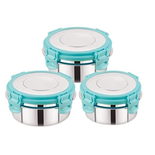 Leak Proof Click and Seal Lock Stainless Steel Storage/Air Tight Tiffin Container/Lunch Container with Steel lid Fusion (150+250+350 ml)