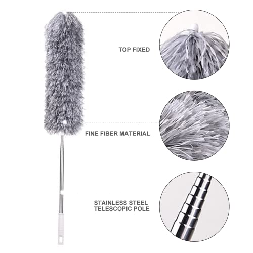 Image of Microfiber Duster with Extension Pole and Bendable Head, Extra Long Duster Ideal for Cleaning Spider Web, Wall, Ceiling Fan, high Ceiling,Furniture (Brown)