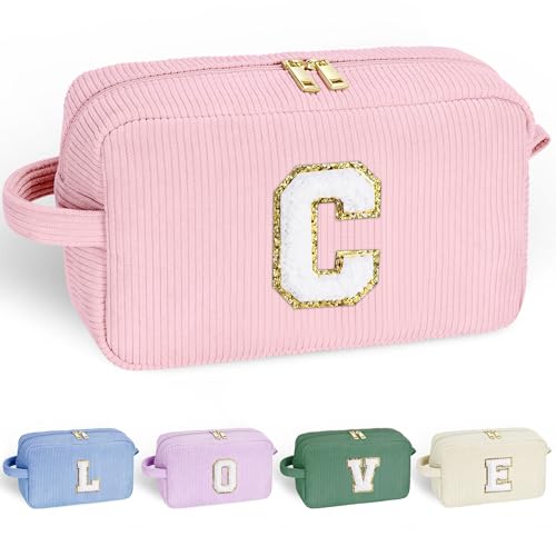 YOOLIFE Cute Initial Travel Makeup Bag - Girls Cosmetic Bag Skincare Bag Make Up Bag Teen Girl Gifts Trendy Stuff Monogram Makeup Bag Sister Daughter Friend Bridesmaid Gifts for Girl Women Letter C