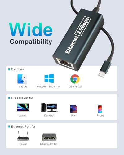 Adaptador Ethernet USB 2,5 Gbps, adaptador USB C para Ethernet para laptop, tipo C (Thunderbolt 4/3)