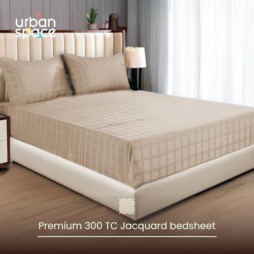 Image of Urban Space 100% Cotton 300TC Jacquard Fitted bedsheets for King Size Bed, Pure Cotton Bedsheet King Bed, Checks Fitted bedsheet King Size with 2 Pillow Covers (72 x 78 Inches, Beige Checks)
