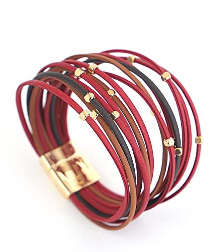 hotoo Beaded Leather Bracelets for Women Wrap Bracelet Red Burgundy Boho Handmade Chunky Layered Cuff Bangles Mom Daughter Aunt Niece Grandma Granddaughter Christmas Gifts