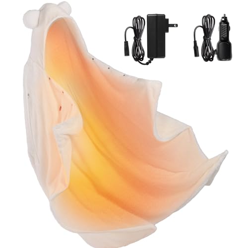 Image of Bearbug Cordless Heated Blanket 50 inch x 70 inch, Portable Wearable Electric Heated Blanket Shawl Hoodie Battery Operated with Car Charger, DC Adapter, 3 Heating Level, Machine Washable