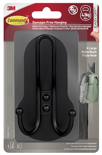 Image of Command XL Triple Hook, Matte Black, Indoor use, 1 Hook, 3 Adhesive Strips