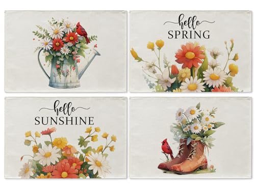 GPGHE Frühlings-Tischsets Platzsets, 4 Stück, Gänseblümchen, Kardinalstiefel, Hello Sunshine, 30,5 x 45,7 cm, Leinen-Tischsets für Küche, Esstisch, Zuhause, Party-Dekoration