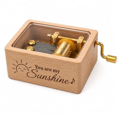 JAOUTIC You are My Sunshine Hand Crank Music Box with Golden Movement (Wood Color You are My Sunshine)