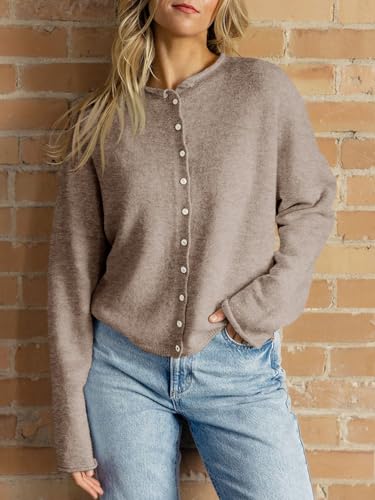 Saodimallsu Womens Button Up Cardigan Sweaters Long Sleeve Crew Neck Fall Soft Lightweight Knit Loose Sweater Tops2