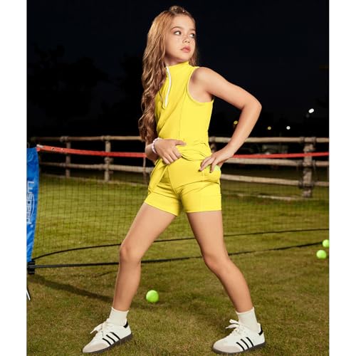Image of Perfashion Girls Tennis Dress 1 /4 Zip Golf Outfit Built-in Bra & Shorts Pickleball Athletic Dress Workout Pockets 4-13Y