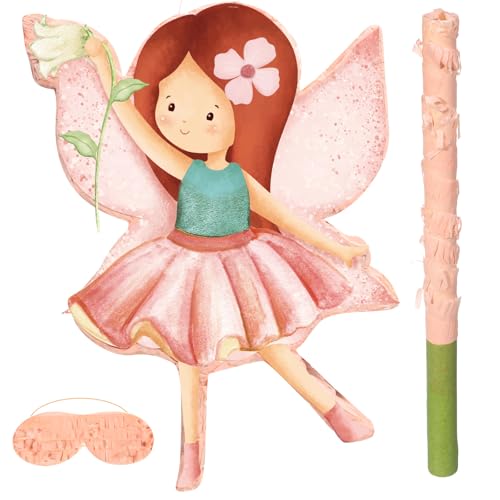 Blosssound Fairy Piñata Fairy Party Decorations Supplies Cute Flower Fairy Princess Piñata Set with Stick Blindfold for Wonderland Garden Theme Birthday Baby Shower Celebration Decorations(Fairy)