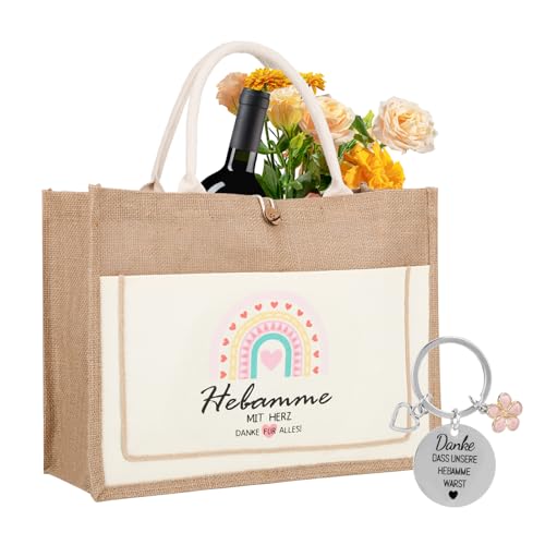 ODDerZZii Hebamme Geschenk Set, Jutebeutel & Schlüsselanhänger mit Kirschblüten, Abschiedsgeschenk für geschenk hebamme, Dankeschön Tasche für Hebammen, Praktische Midwife Tote Bag
