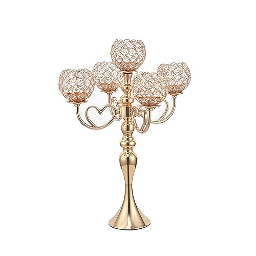 VINCIGANT Portavelas Dorado para candelabro, Elegante Centro de Mesa, decoración de Mesa de 5 Brazos, candelabros para Comedor, 21.5 Pulgadas de Alto