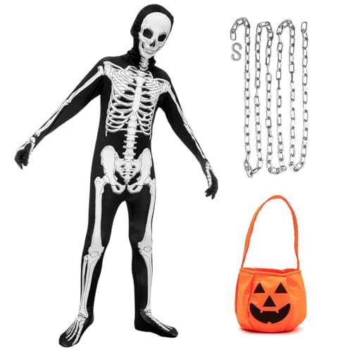 Suffolly Disfraz Esqueleto Niño, Disfraz Halloween Niño con Bolsas y Cadena, Traje Esqueleto Niño, Disfraz de Mono Esqueleto para Halloween Carnaval Niños y Niñas 3-12 años (negro, 130)