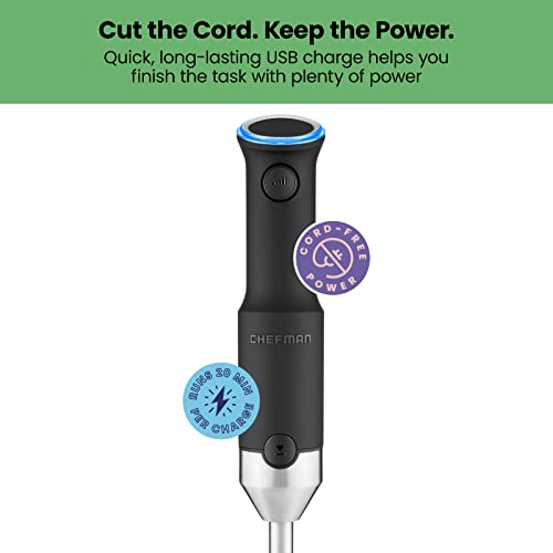 Chefman Cordless Power Portable Immersion Blender, Ice Crushing Power With One-Touch Speed Control, Usb Charging, Quickly Mixes Smoothies, Purees Soups, Dips, Sauces, Storage Case, Stainless Steel #TOP3
