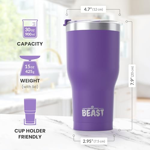 Image of Beast 30 oz Tumbler Stainless Steel Insulated Coffee Cup with Lid, 2 Straws, Brush & Gift Box (30 oz, Deep Purple)
